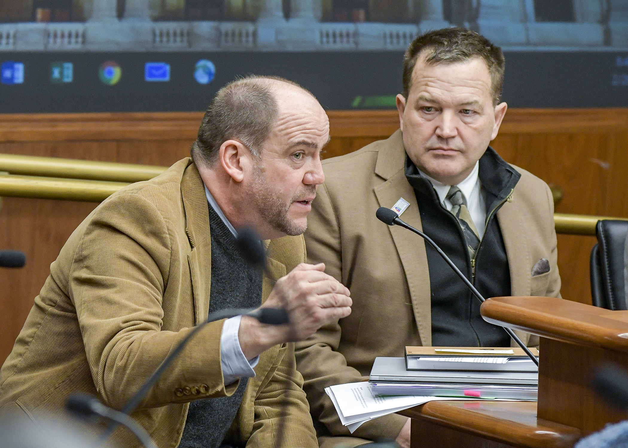 Todd Johnson, executive director of the Minnesota Amateur Sports Commission, testifies before the House State Government Finance Division Feb. 26 in support of a bill to provide Mighty Ducks grant funding. Photo by Andrew VonBank